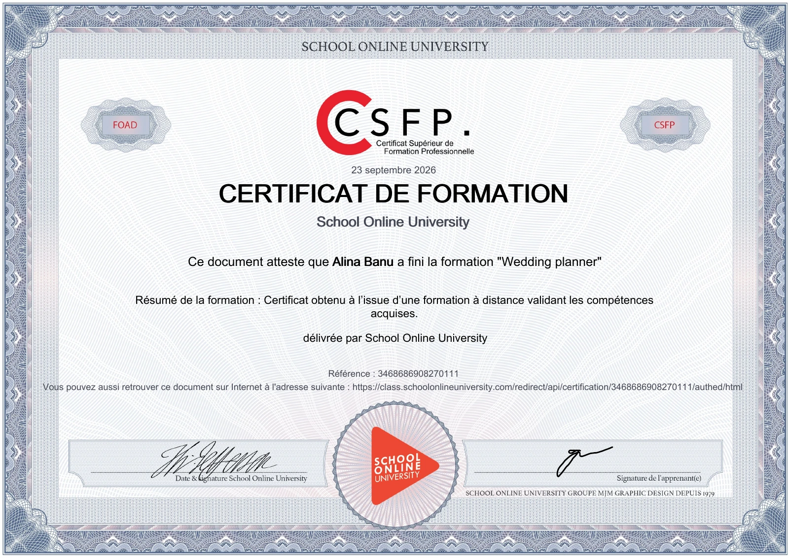 Thumbnail of Alina Banu's Wedding Planner certificate