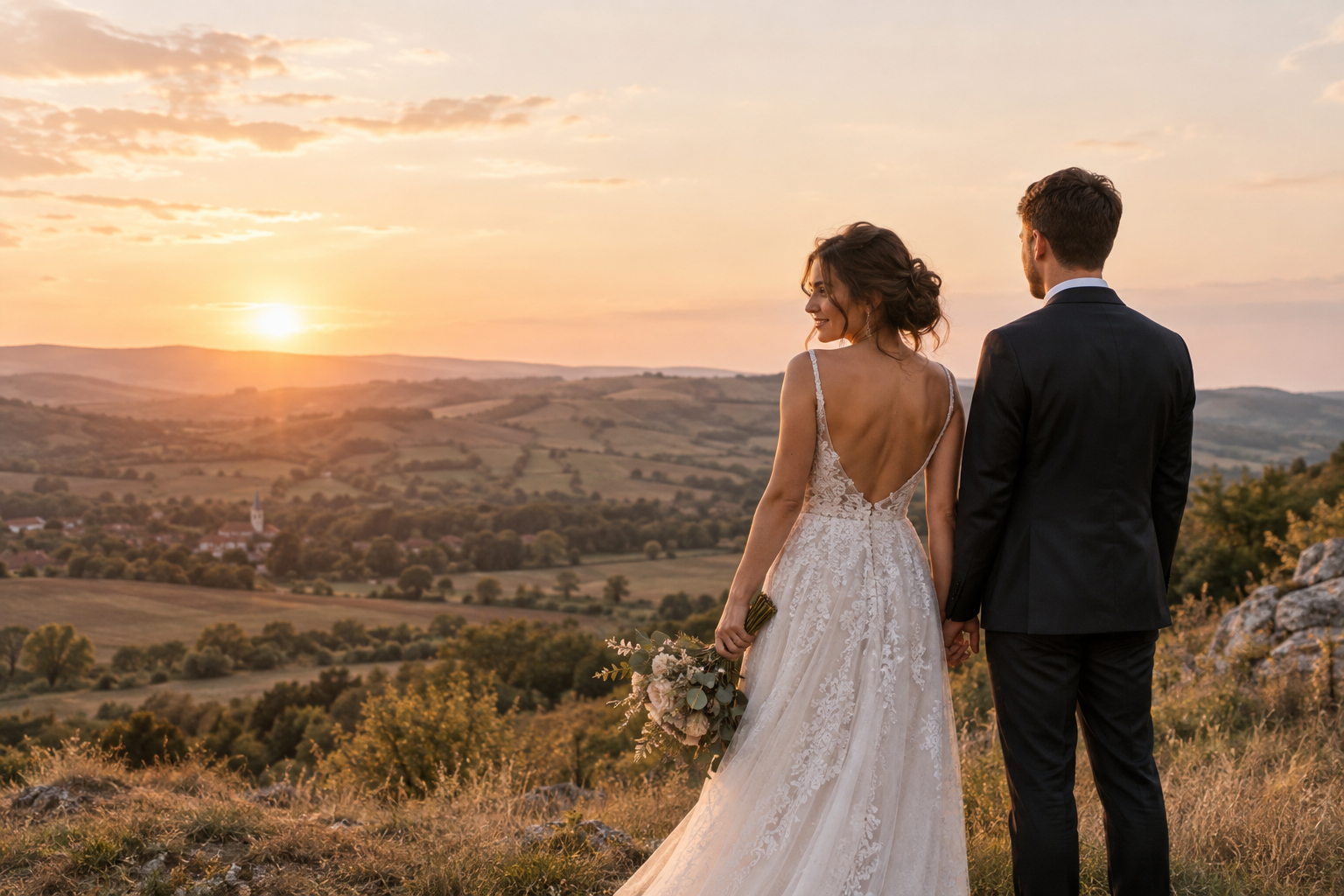 Bride and groom at sunset