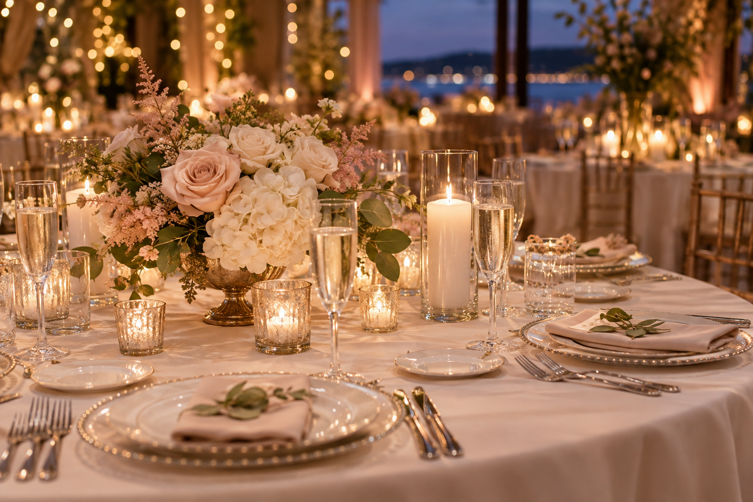 Wedding table with candles and glasses of champagne